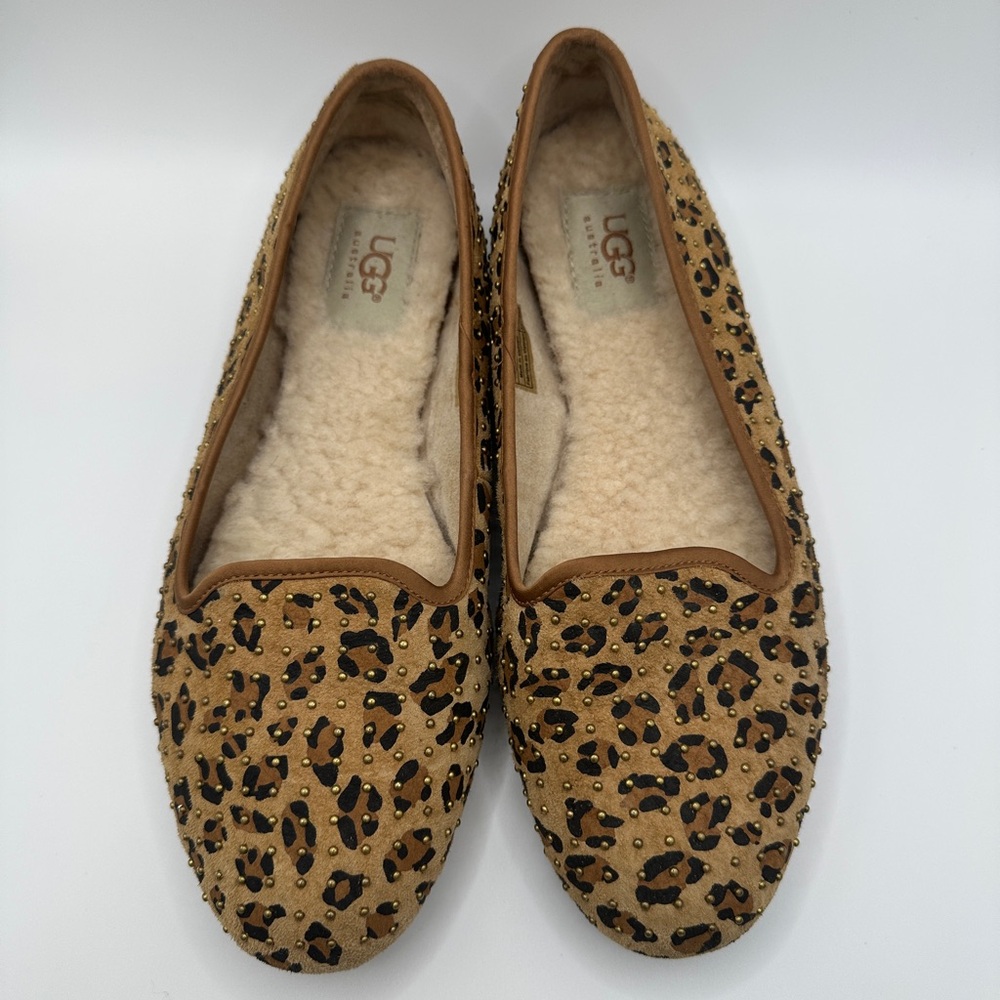 UGG Women's Leopard Print Tan Suede Slip-On Flats with Shearling